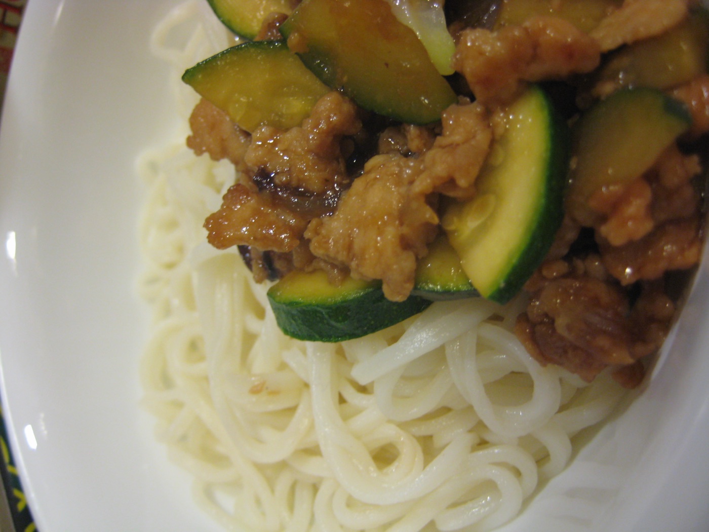 Close-up of the hoisin pork on noodles dish
